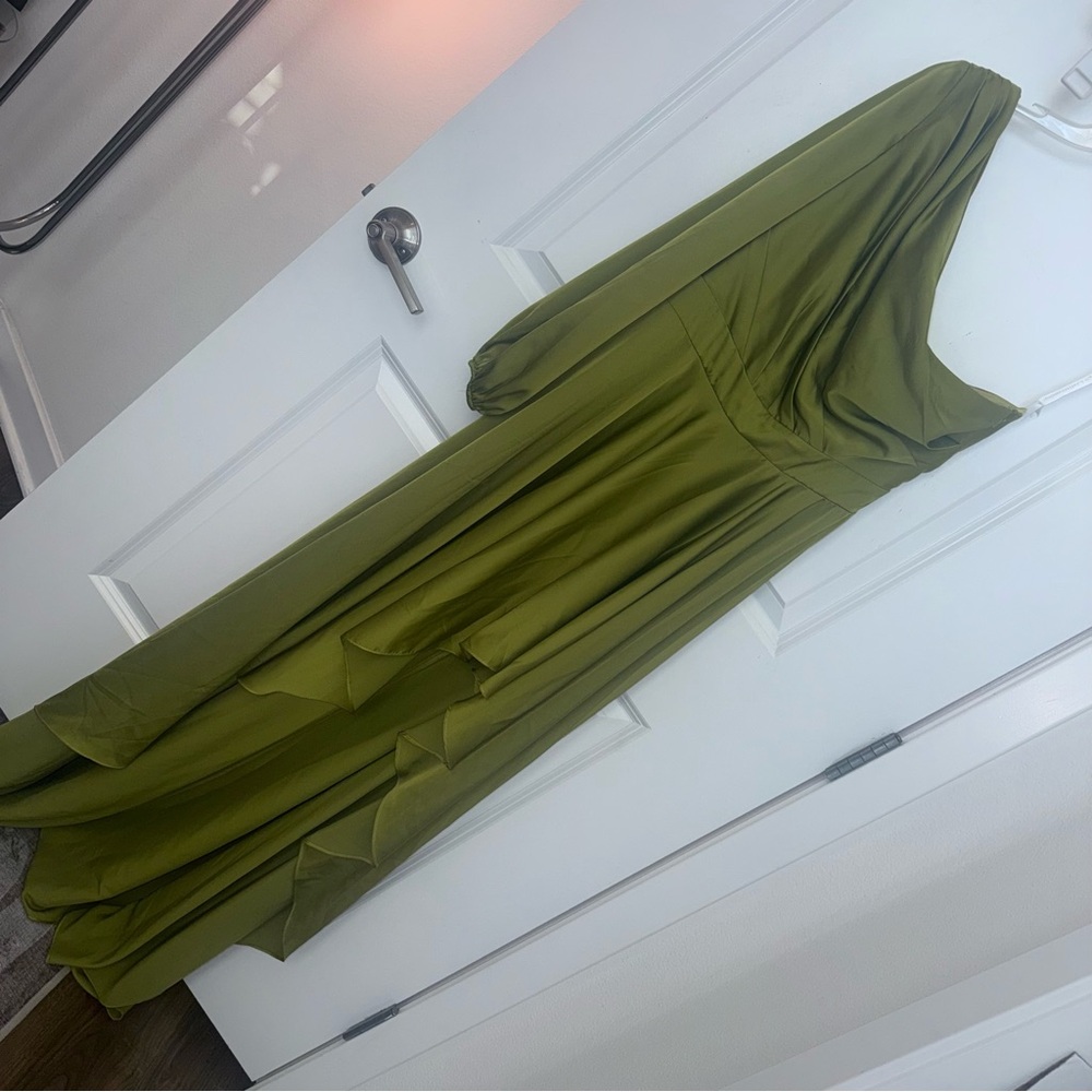 Ieena for Mac Duggal One Shoulder A-Line Long Sleeve High Chartreuse Satin Dress - Picture 6 of 15